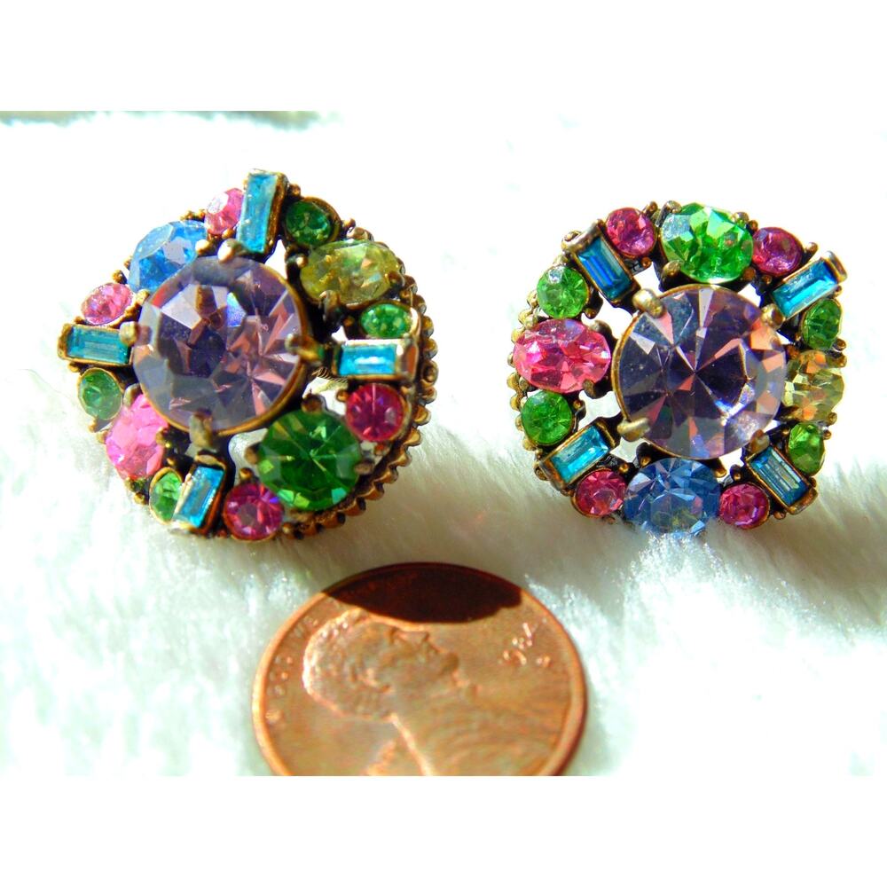 Vtg Hollycraft Pastel Multi Color Rhinestones Round Earrings Screw Back Signed